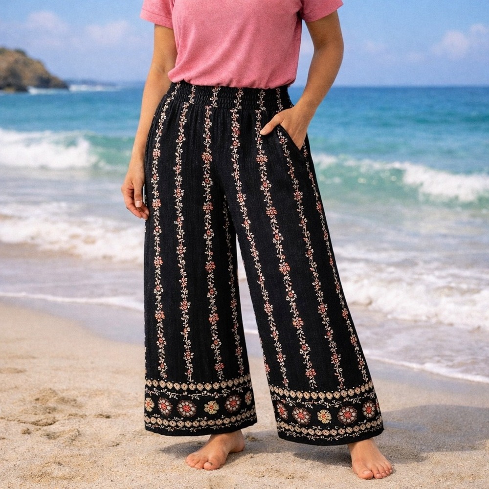 Dots XL Black Floral Stripe Wide Leg Smocked Waist Boho Palazzo Pants XL